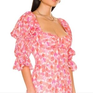 Amanda Uprichard Pink Orange Printed Sweetheart Neckline Puff Sleeve Cropped Top